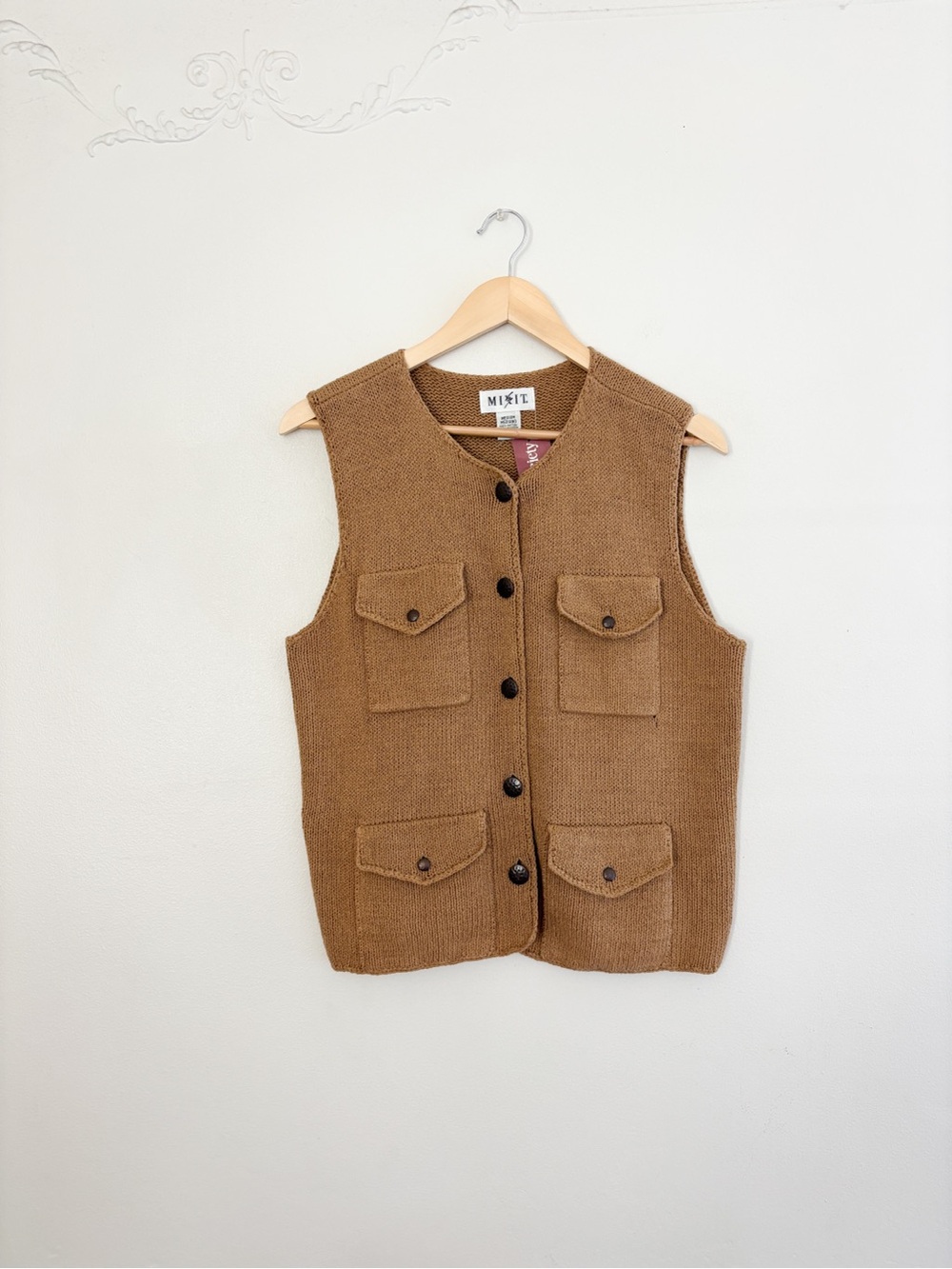 Vintage Brown Knit Utility Vest with Button Front